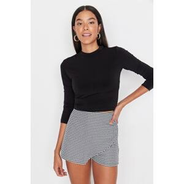 Trendyol Black Sleeve Gathered Detail Fitted/Situated High Neck Crop Elastic Knitted Blouse