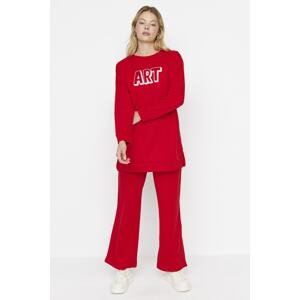 Trendyol Red Slogan Printed Soft Fuzzy Knitted Tracksuit Set