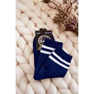 Women's cotton sports socks with stripes navy blue