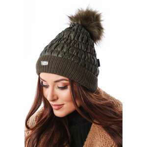 Winter nylon beanie with pompom, dark green