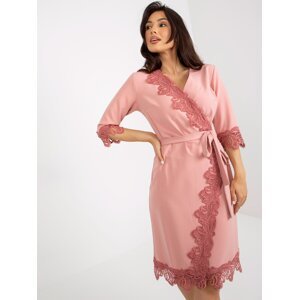 Dusty pink cocktail dress with pleats and 3/4 sleeves