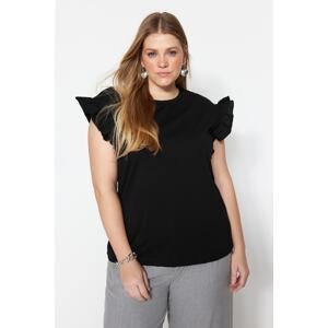 Trendyol Curve Black Crew Neck Sleeves Frilly Knitted T-Shirt