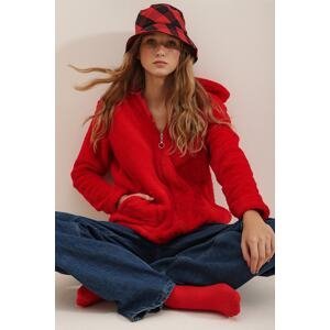 Trend Alaçatı Stili Women's Red Hoodie with Zipper Front Double Pocket Oversized Plush Sweatshirt