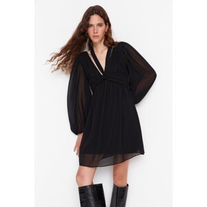 Trendyol limitovaná edícia čiernych mini tkaných golierov pruhované šifónové tkané šaty