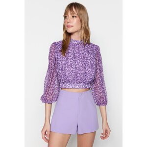 Trendyol Purple Floral Crop High Collar Woven Blouse