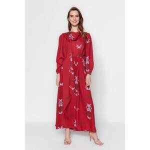 Trendyol červený kvetinový vzor šál golier šnurovanie detail tkané šaty