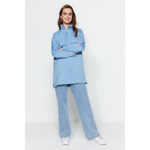 Trendyol Blue Zipper Stand-Up Collar Scuba Knitted Sweatshirt