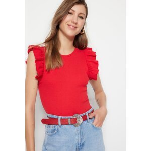 Trendyol Red Frill Detailed Corduroy Crew Neck Flexible Knitted Bodysuit