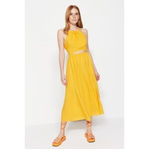 Trendyol oranžový A-strih Maxi tkané šaty s ohlávkovým výstrihom