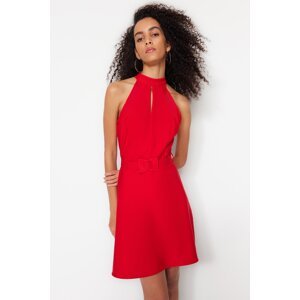 Trendyol Red Belted A-cut mini tkané šaty s vysokým výstrihom