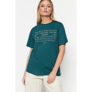 Trendyol Oil 100% Cotton Slogan Printed Boyfriend Fit Crew Neck Knitted T-Shirt