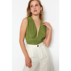 Trendyol Green Lace-Up Detail V-Neck Fitted/Slip-On, Flexible Knitted Bodysuit