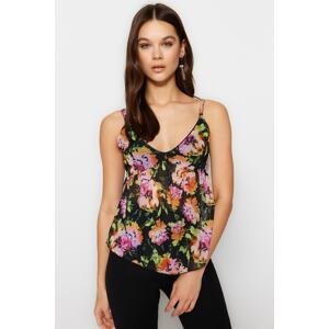 Trendyol Black Floral Patterned Straps Lined Stretch Tulle Knitted Blouse