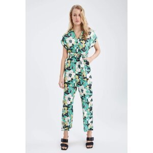 DEFACTO Short Sleeve Floral Print Belted Midi Dungarees