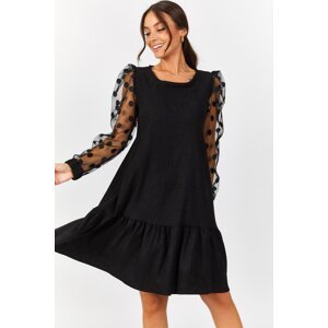 armonika Women's Black Sleeve Tulle Six Ruffled Dress