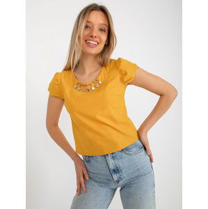 Dark yellow formal blouse with application and short sleeves