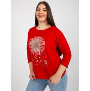 Red plus size blouse with inscription and application