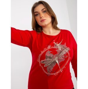 Red blouse of larger size with 3/4 sleeves and print