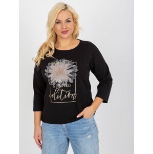Women's black blouse plus size with inscription and rhinestones