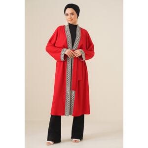 Bigdart 5865 Pletené dlhé kimono s výšivkou - červená