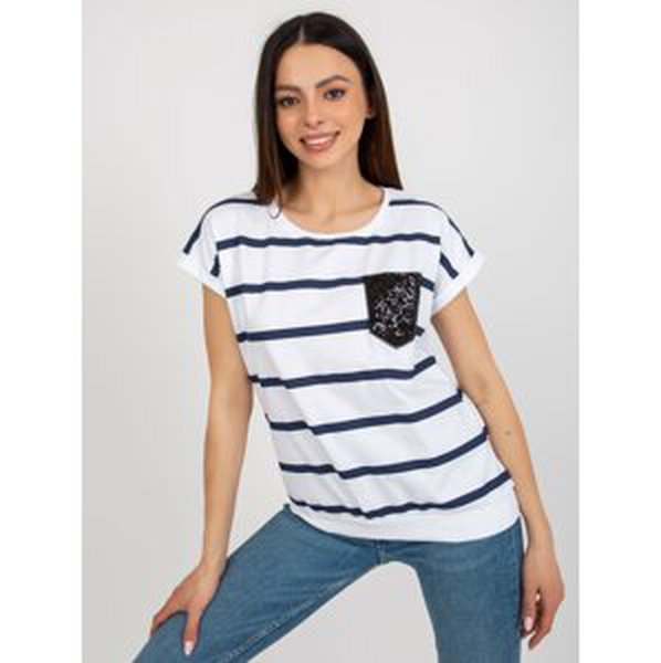 White and dark blue striped blouse with decorative pocket