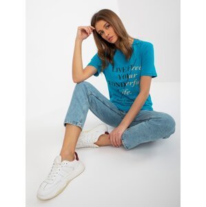 Women's blue cotton T-shirt with inscriptions