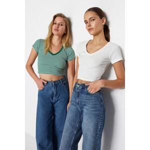 Trendyol Green Stripe-White Plain 2-Pack Fitted V-Neck Crop Corduroy Knitted Blouse