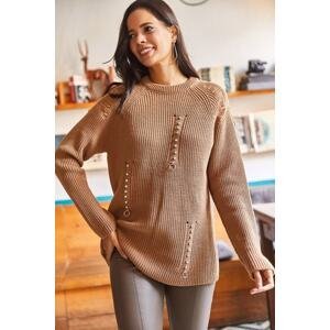 Olalook Women's Camel Oversized Knitwear Sweater with Torn Detailed Accessories