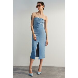 Trendyol Ice Blue Body Slit detailné midi džínsové štýlové večerné šaty