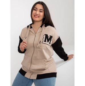 Beige and black plus size zippered sweatshirt with patch