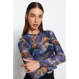 Trendyol Multicolor Printed Tulle Fitted Crop Stretchy Knitted Blouse