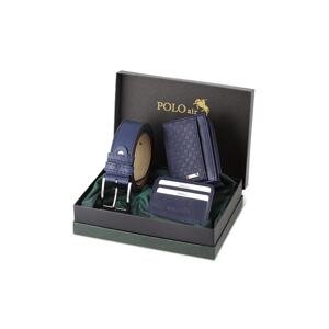 Polo Air Navy Blue Checkerboard Pattern Boxed Men's Wallet Belt Card Holder Set