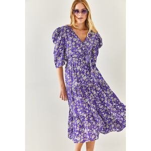 Olalook Dámske fialové dvojradové golierové vlnené viskózové šaty