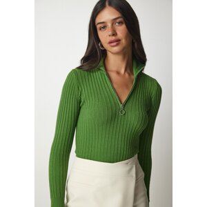 Happiness İstanbul Women's Green Zippered High Collar Ribbed Knitwear Blouse