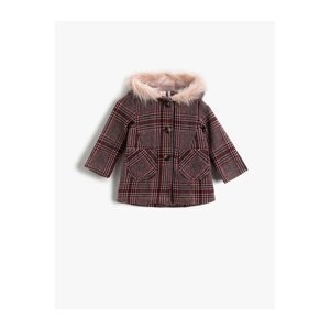 Koton Baby Girl Fur Collar Coat Plaid Hooded Baby Girl Fur Collar Coat Plaid Hooded