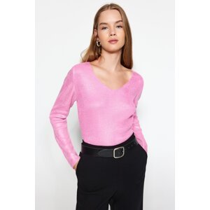 Trendyol ružový pletený sveter s potlačou základnej fólie