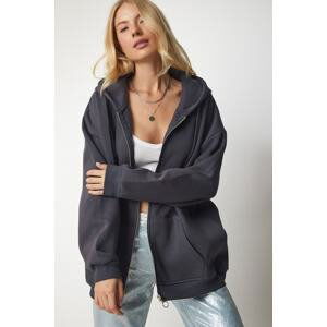 Happiness İstanbul Women's Anthracite Hooded Zipper Oversize Sweatshirt