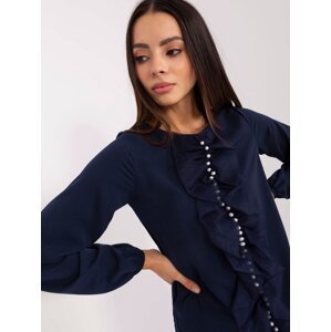 Lady's dark blue formal blouse with pearls