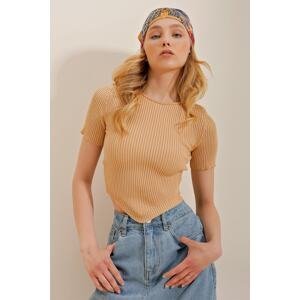 Trend Alaçatı Stili Women's Beige Crew Neck Skirt Asymmetrical Cut Knitwear Blouse