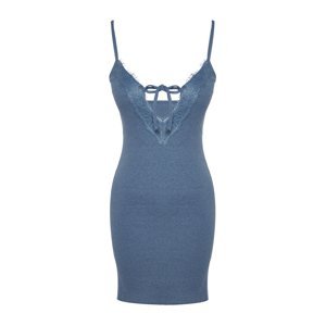 Trendyol Blue Lace and Tie Detailed Corded Cotton Knitted Nightgown