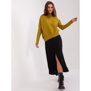 Olive green women's asymmetrical sweater with braids