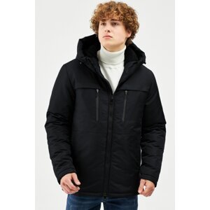 River Club Pánsky čierny vláknom lemovaný vodou a vetruodolný zimný kabát s kapucňou & kabát & parka