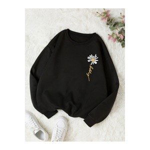 Know Women's Black Daisy Print Crew Neck Sweatshirt.