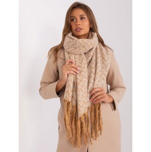 Camel and white patterned scarf with fringe