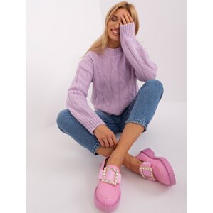 Light purple cable knit sweater with long sleeves