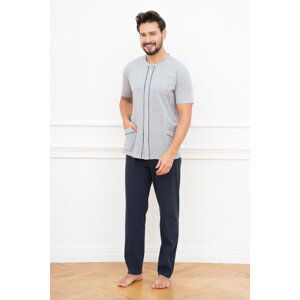 Men's pyjamas Alcest, short sleeves, long trousers - melange/navy blue