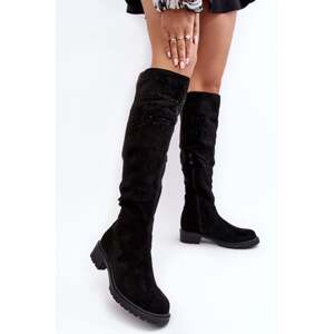 Embellished women's over-the-knee boots with flat heels, black Cintya