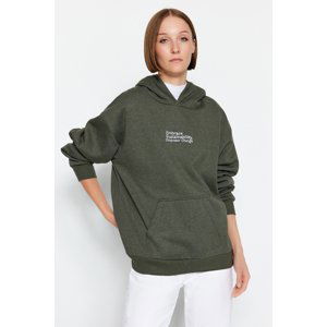 Trendyol Khaki More Sustainable Thick Fleece Inside Oversized Hooded Printed Knitted Sweatshirt