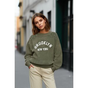 Trendyol Khaki A faded/Faded Effect, Thick Fleece, Stone and Print Detail, Regular Knitted Sweatshirt