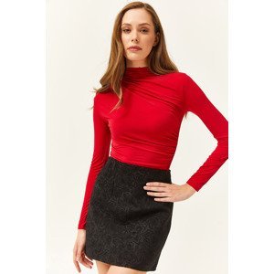 Olalook Women's Red High Collar Lycra Blouse with Gather Detail